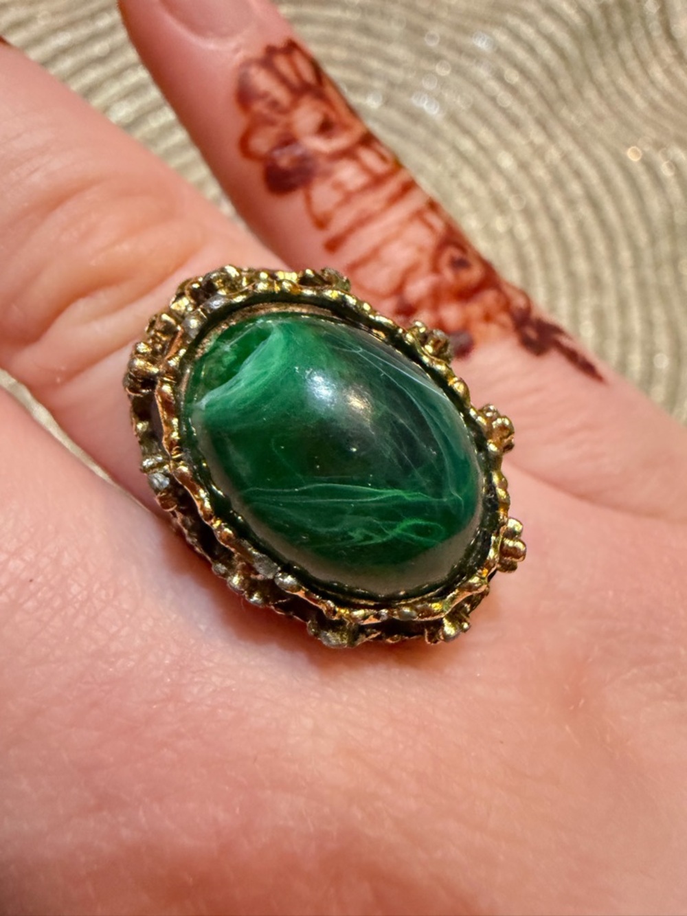 Vintage Style Green Stone Statement Ring Adjustable Gold Tone Cabochan Oval Boho
